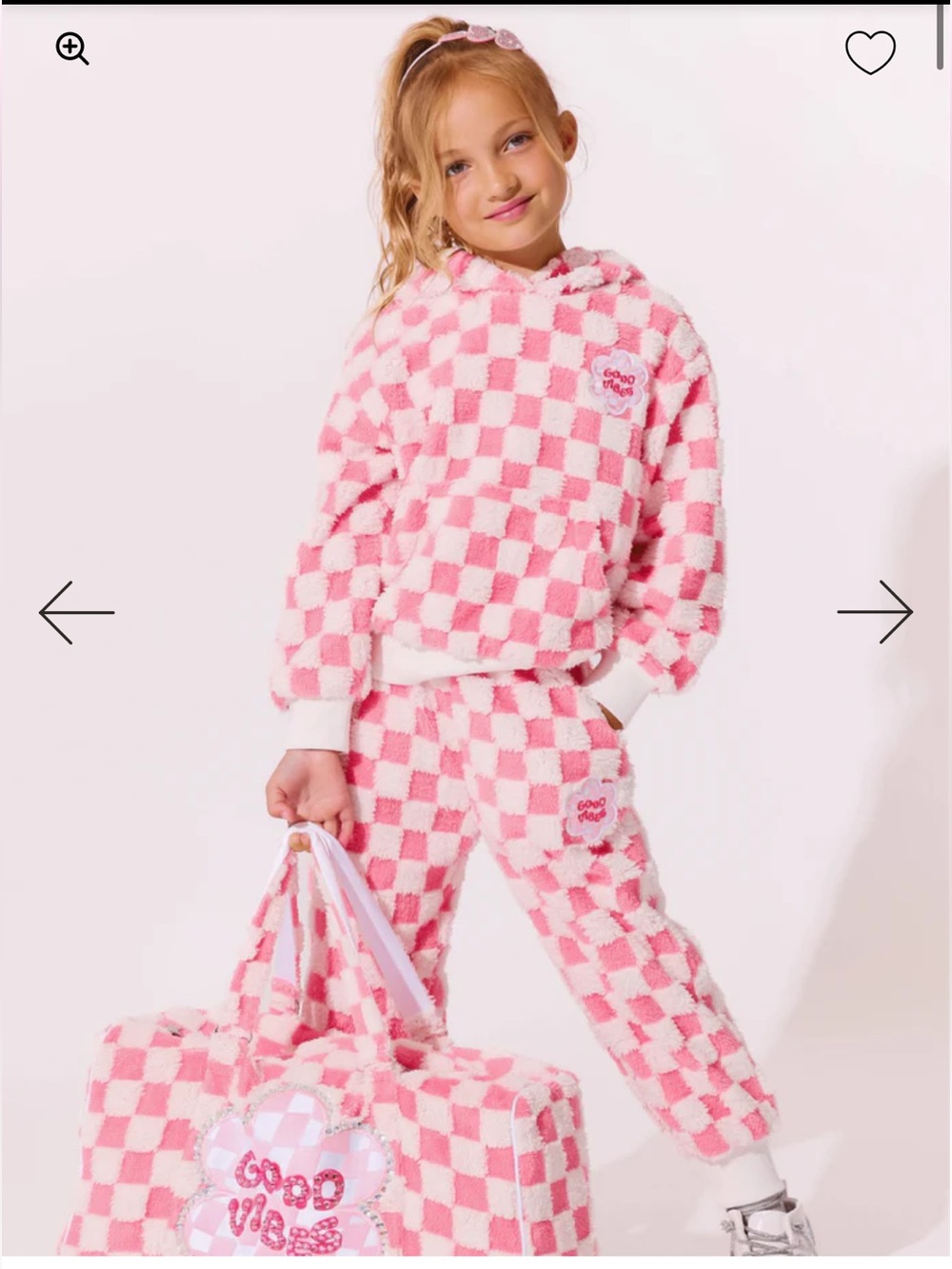 Lola + The Boys Pink and White Checker Plush Hooded Pajama Set